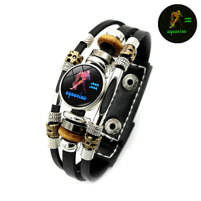 🔥Hot Sale-Only￡7.99！🔥Glow-in-the-Dark 12 Leather Zodiac Bracelet for Men and Women(6.9/8.1in)