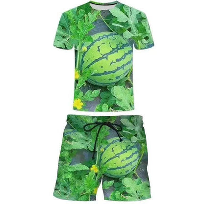 🍉New arrival 33% OFF! 👕 Men's Casual Watermelon-Patterned T-Shirt Set – Round Neck Short Sleeve Top & Shorts, Loose & Breathable, Plus Size Available. Fun & Trendy Summer Outfit! ☀️🩳