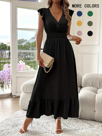 🎉2026 Summer Hot Sale 70% OFF💃Women's Plain V-Neck Ruffled Waist-Defining Shirred V Neck Maxi Dress