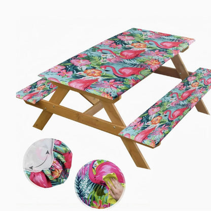 🦩✨Flamingo Picnic Table Cover Bench Covers and Carrying bag, Elastic all Around,Windproof and Waterproof Picnic Table Covers with Elastic for Camping 🎉