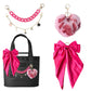 🐆👜 4-Piece Leopard Print Set – Fashion Bag + Acrylic Chain Strap + Pom Pom Charm + Bow Decoration. Mix & Match Your Own Style! 💼❤️✨