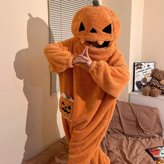 💀Halloween Warm-Up! Hot Sale 50%OFF！✨Halloween Funny Pumpkin Pajamas One-piece Cral Fleece Thick and Warm Home Wear Autumn Winter for Women🎃🦇