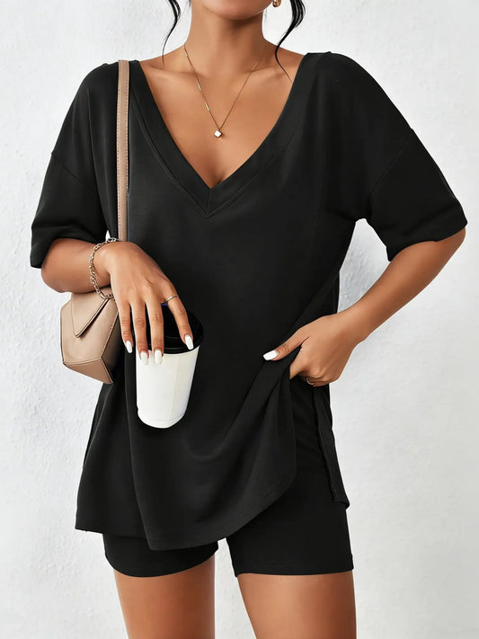 ⏳LAST DAY SALE 50% OFF !!📢Women's Oversized V Neck Short Sleeve Two Piece Short Set
