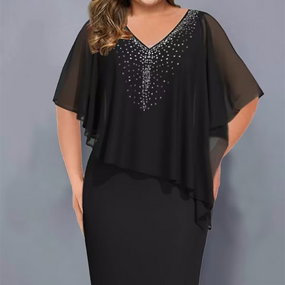🌸2026 Summer Hot Sale Only ￡17.99！💐Rhinestone V-Neck Cape Dress with Chiffon Overlay