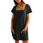 💖 Chilling & Strolling – Women's Square Neck Pocket Dress, Short Sleeve Casual Wear, Comfy Fit for Home