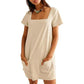 💖 Chilling & Strolling – Women's Square Neck Pocket Dress, Short Sleeve Casual Wear, Comfy Fit for Home