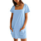💖 Chilling & Strolling – Women's Square Neck Pocket Dress, Short Sleeve Casual Wear, Comfy Fit for Home