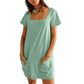 💖 Chilling & Strolling – Women's Square Neck Pocket Dress, Short Sleeve Casual Wear, Comfy Fit for Home
