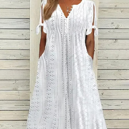 👗New arrival 50% OFF! ☀️Women's Elegant V-Neck Hollow-Out Solid Dress，Hollow-Out Details, Solid Color