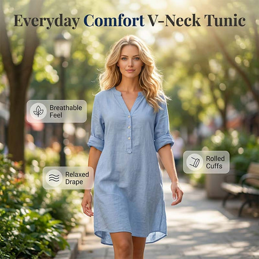 ⏳LAST DAY SALE 44% OFF !!📢Women's Casual V-Neck Button Down Tunic Dress，Loose Fit, Breathable Cotton