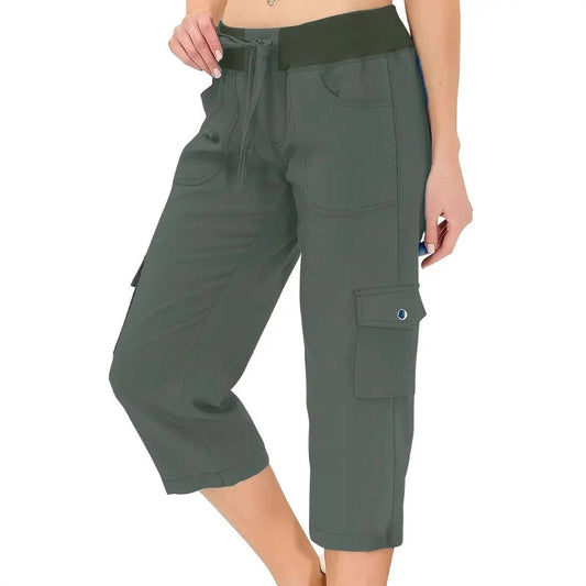 👖🌸 Women's Solid Color High-Waist Drawstring 3/4-Length Cargo Pants – Loose Fit, Multi Pockets, Elastic Waist. Perfect for Daily Casual, Travel or Outdoor Work 🧥✨🌿