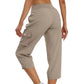 👖🌸 Women's Solid Color High-Waist Drawstring 3/4-Length Cargo Pants – Loose Fit, Multi Pockets, Elastic Waist. Perfect for Daily Casual, Travel or Outdoor Work 🧥✨🌿