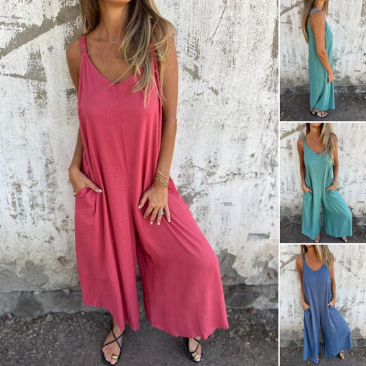 Women's Casual Loose Cotton and Linen Jumpsuit with Pockets
