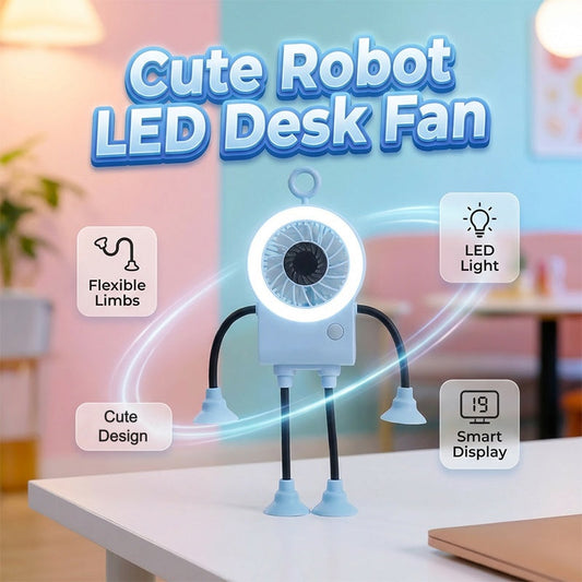 🤖💨 Flexible Robot Desk Fan with LED Light – Cute Anime Design, 5 Speeds, 360° Bendable Neck, USB Powered. Perfect for Office, Bedroom & Study! 📚✨🔋