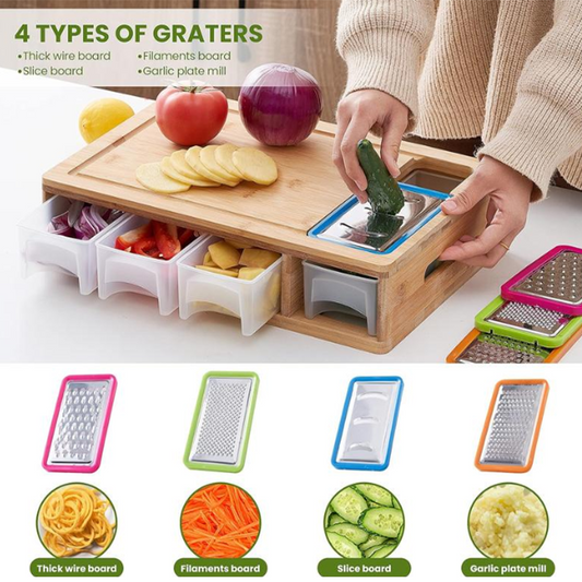 🎋🔪 Bamboo Cutting Board with Containers and Graters – 3-in-1: Chop, Grate & Store. Built-in Stainless Steel Grater, 2 Removable Containers. Perfect for Meal Prep & Kitchen Organization! 🥕🧀✨