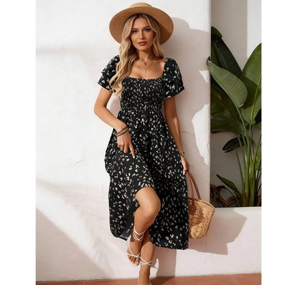 🌸  Hot Sale 50% OFF NOW! 🌸Women's Square Neck Smocked Floral Midi Dress