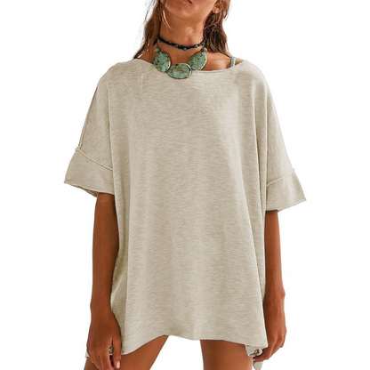 Only ￡15.80💴 Limited Stock⏰Women's Solid Color Loose Fit Boat Neck Top Solid Color, Breathable Cotton.👚