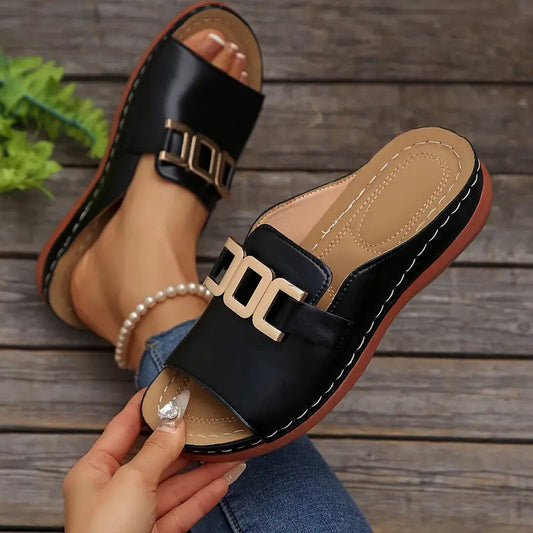 ⏳LAST DAY SALE 63% OFF !!📢Artificial Leather Open Toe Slippers 🩴✨Soft Cushioned Sole, Non-Slip, Breathable, Perfect For Summer Indoor & Outdoor Casual Wear! 🏠🌞🚶‍♀️